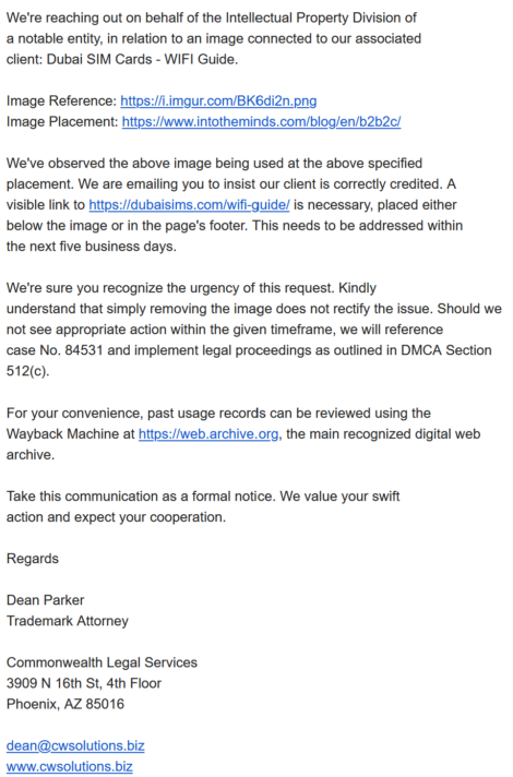 scam email DMCA Copyright Infringement Notice