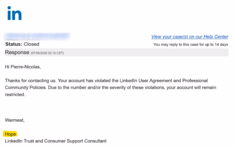 support answer to LinkedIn account restricted permanently