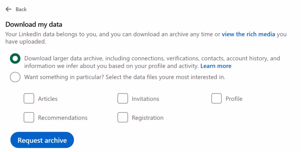 LinkedIn page to download your data